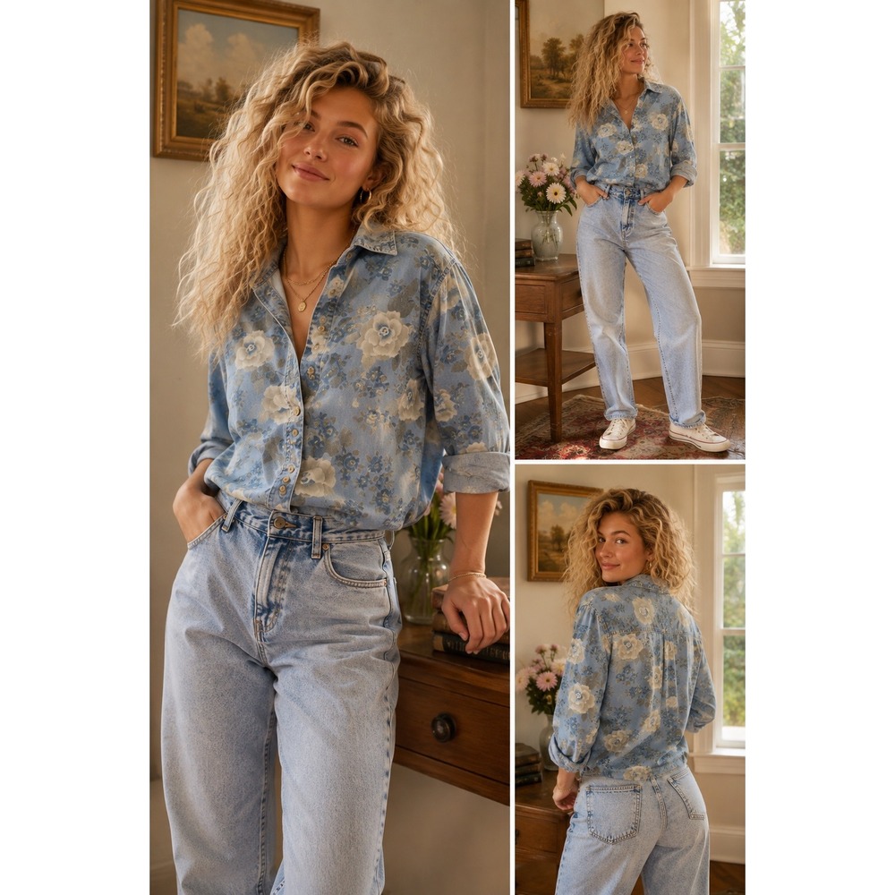 Women's Vintage 90s Cabin Creek Floral Chambray Denim Button Down Shirt Medium M